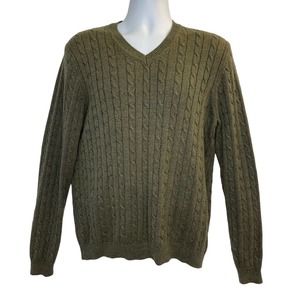 Brooks Brothers Men's V-Neck Sweater Medium Cable Knit Merino Wool Cotton Green